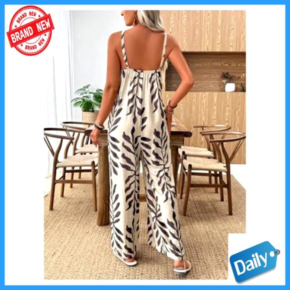 Large Wide Leg Jumpsuit Spaghetti Strap Boho Romper with Pockets - Picture 3 of 5
